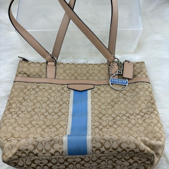 COACH SIGNATURE STRIPE TOTE SHOULDER BAG - Picture 1 of 9